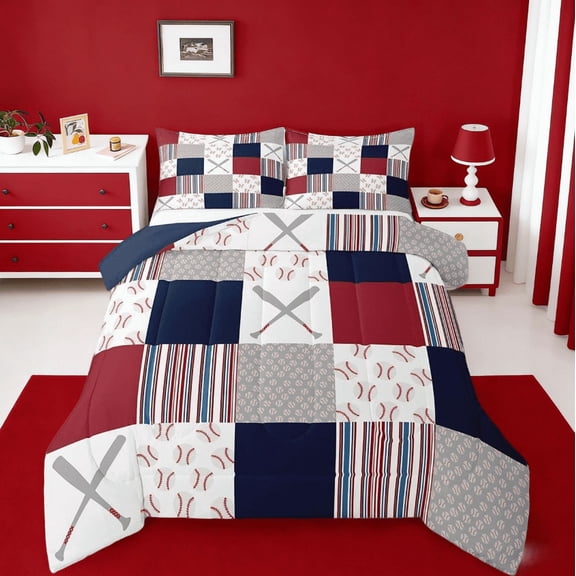 Manfei Baseball Sports Game Full Size Comforter Sets,Baseball Gaming Gift Bedding Sets For Baseball Lover Reversible 3-Piece