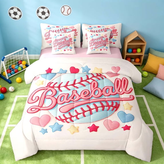 Manfei Baseball Sports King Bedding, Colorful Hearts King Bed in a Bag, Pastel Pink Blue, Pink Reversible 7 Pieces
