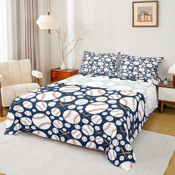 Manfei Baseball Sports Twin Sheet Sets,Ball Game Gaming Twin Fitted Sheet,White Blue Flat Sheet For Boys Teens,Ultra Soft Home Decor,3-Piece
