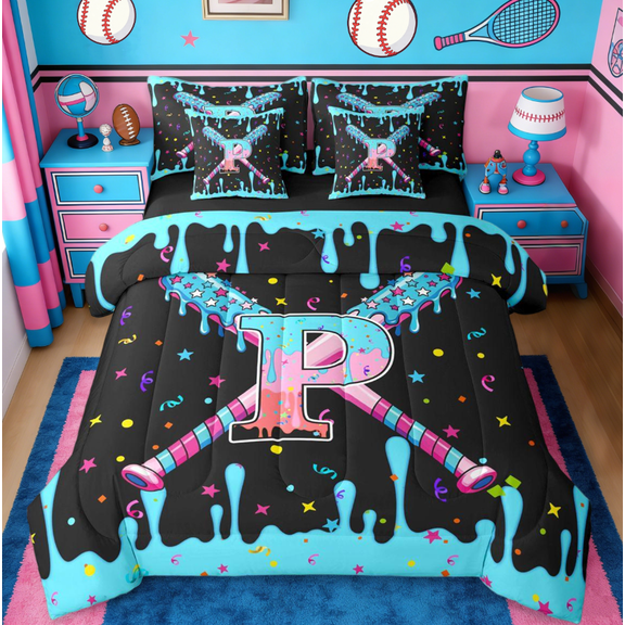 Manfei Baseball Theme Monogrammed P 7-Piece Twin Bedding Sets,Kawaii Stars Polka Dots Bedding Comforter Set For Boys Girls Reversible