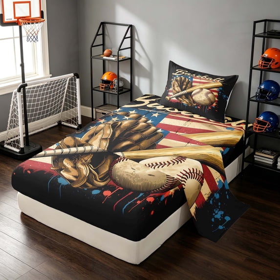 Manfei Baseball Twin Sheets, Sport Gamer Bedding, Red Blue Black 3-Piece(1 Flat Sheet, 1 Fitted Sheet and 1 Pillowcase)