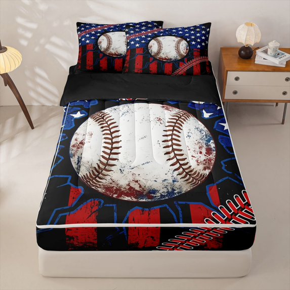 Manfei Baseball Zipper Twin Comforter Sets with Fitted Sheet and 2 Pillowcases,Rustic Usa Flag Zipper Bedding Set,Red Black Stripes Decor,Black Reversible,4pcs