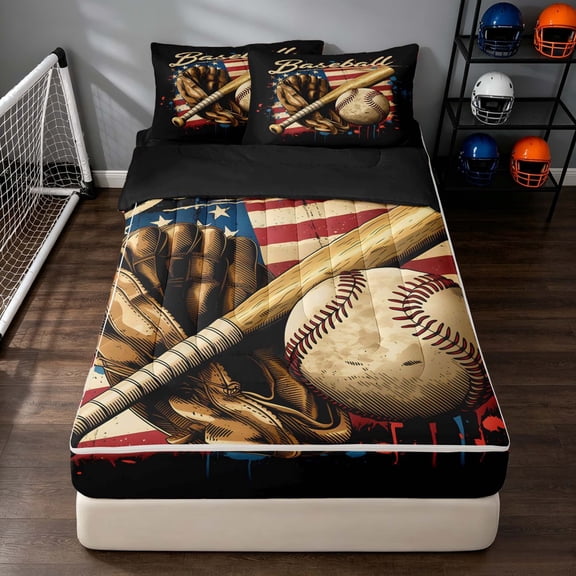 Manfei Baseball Zipper Twin Comforter Sets with Fitted Sheet and 2 Pillowcases, Sport Gamer Zipper Bedding Set, Red Blue Black