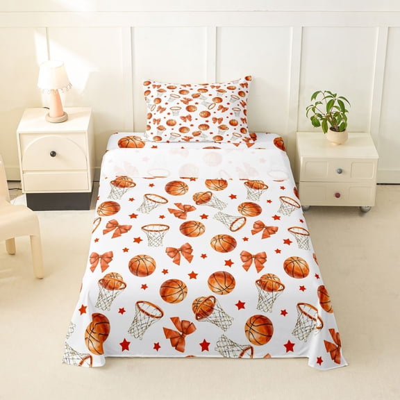 Manfei Basketball Ball Games Twin Sheets,Ribbon Bowknot Bedding For Girls,Orange White,3-Piece,1 Fitted Sheet and 1 Pillowcase