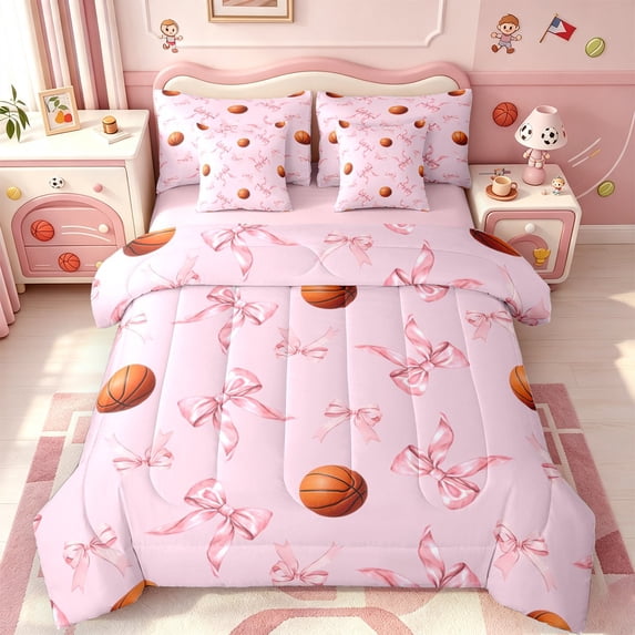 Manfei Basketball Ball Sport 7-Piece Twin Bedding,Kawaii Bowknot Ribbon Bedding Comforter Set,Pink Reversible