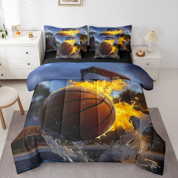 Manfei Basketball Bedding Comforter Set 7-Piece,Sport Theme King Bedding Sets,Boys Ball Game Bed Sheets For Teens,Microfiber Bedroom Decor Reversible