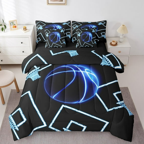 Manfei Basketball Game 7pcs Bedding Comforter Set,Black Blue Queen Bedding Sets Super Cozy,Ball Gamer Queen Sheet Sets,Lightweight Sport Bedroom Decoration,Reversible