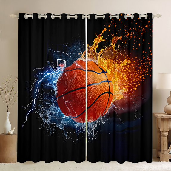 Manfei Basketball Game Black Out Curtains,Ball Sport Curtains Pack of 2 (42x63 Each),Orange Blue Black Bedroom Curtains For Girls Kids,Super Cozy Room Decor
