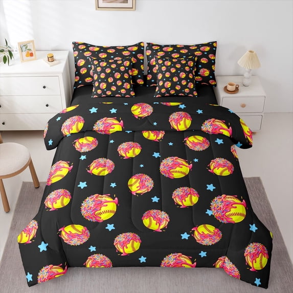 Manfei Basketball Ice Cream King Bedding,Liquid Circle King Bed in a Bag For Girls,Dark Composite Hue,Black Reversible,7-Piece