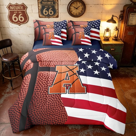 Manfei Basketball Initial A Twin Bedding, American Flag Sport Bedding Comforter Set, Brown Red White, Navy Reversible 7 Pieces