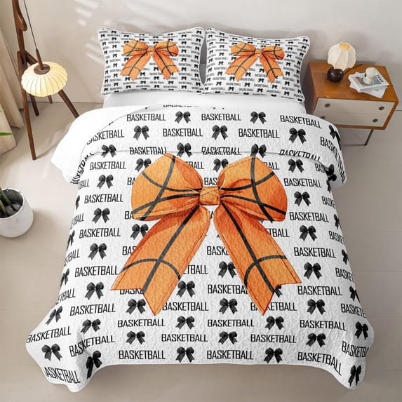 Manfei Basketball Print Bow Bed Spread Queen For Girls,Sports Theme Queen Coverlet Set For Kids,3-Piece