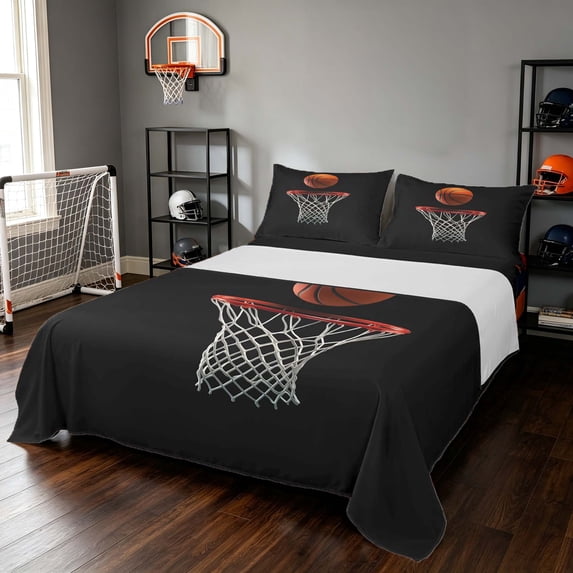 Manfei Basketball Queen Sheets, Sports Queen Sheet Sets, Black Orange Red White 4pcs(1 Flat Sheet, 1 Fitted Sheet and 2 Pillowcases)