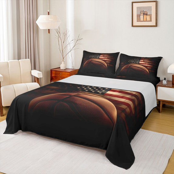 Manfei Basketball Queen Sheets,Sports Theme Queen Sheet Sets,Us Flag Decor,4-Piece,1 Flat Sheet, 1 Fitted Sheet and 2 Pillowcases