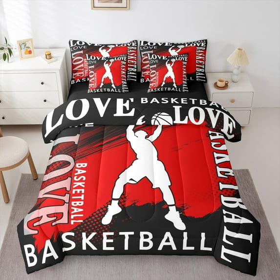 Manfei Basketball Sport 7-Piece Twin Bedding Sets,Ball Game Player Bedding Comforter Set,Red Black White Sheet Sets For Kids Boys,Super Cozy Room Decorative Reversible
