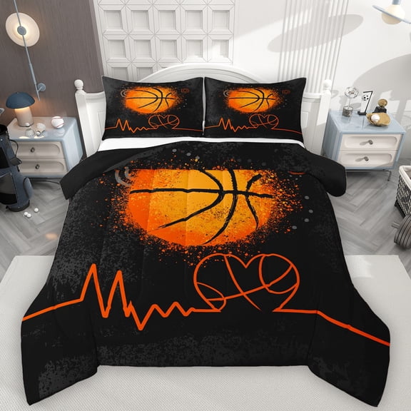 Manfei Basketball Sport Bedding Comforter Set,Ball Game Gamer Twin Comforter Sets,Orange Black Bedding Set For Teens,Ultra Soft Home Decor Reversible,2pcs