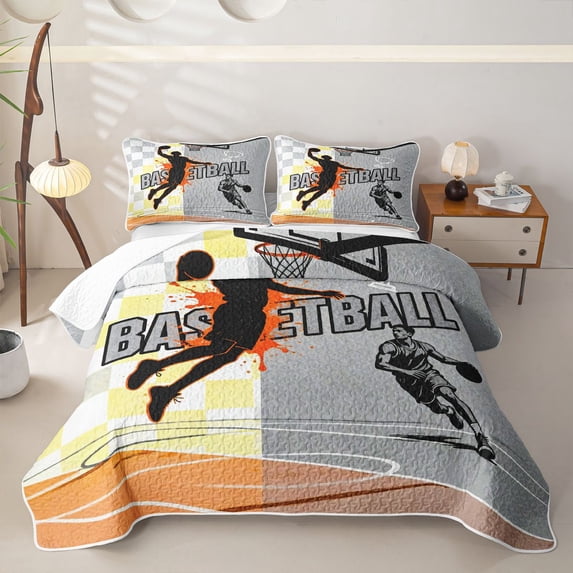 Manfei Basketball Sport Gamer Quilt King For Boys,Ball Lovers King Coverlet Set,Orange Gray Black,3-Piece