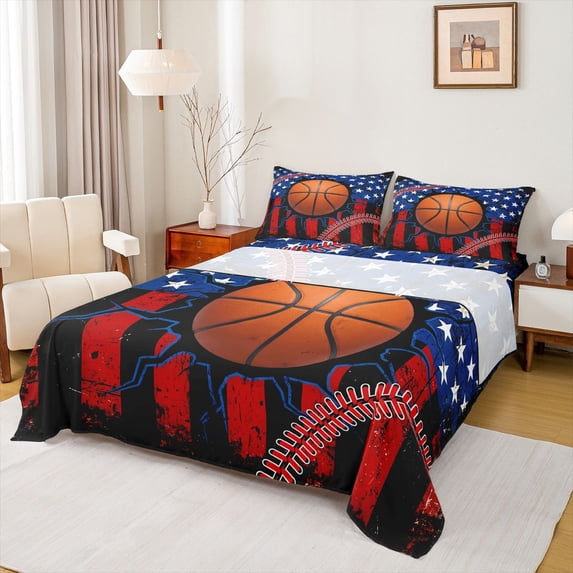 Manfei Basketball Sports Queen Sheets,Retro American Flag Queen Sheet Sets,Black Red Stripes Decor,4 Pieces,1 Flat Sheet, 1 Fitted Sheet and 2 Pillowcases