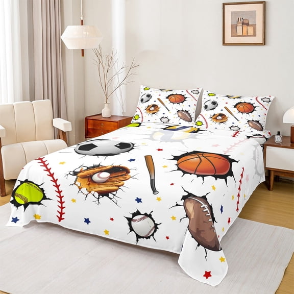 Manfei Basketball Tennis Sheet Set Full,Sport Player Bedding Sets Full Size,White Brown Full Sheet Sets,Ultra Soft Room Decoration,4 Pieces