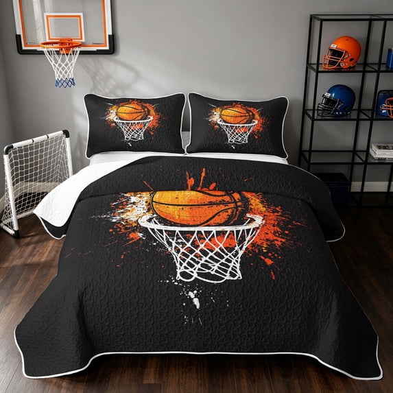 Manfei Basketball Twin Quilt Set, Sports Twin Coverlet Set, Grunge Black Orange, Black Reversible 2pcs, 1 Bedspread and 1 Pillowcase