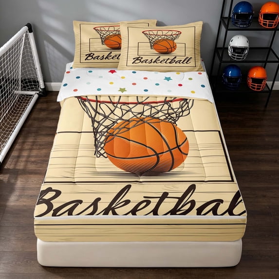 Manfei Basketball Zipper Queen Comforter Set with Fitted Sheet and 2 Pillowcases, Sports Zipper Bedding Set, Warm Beige Orange