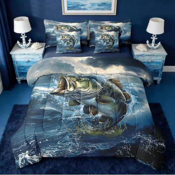 Manfei Bass Big Fish 7-Piece Bedding Comforter Set,Pike Fish Fishing And Hunting Ocean Theme King Bedding Sets Reversible