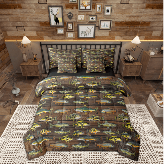 Manfei Bass Big Fish 7-Piece Bedding Comforter Set,Pike Fish King Bedding Sets,Brown Old Wooden Board Bed Sheets For Boys Teens,Luxury Bedroom Decor Reversible