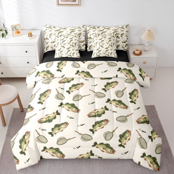 Manfei Bass Big Fish Bedding Comforter Set 7-Piece,Hunting And Fishing King Bedding Sets,Pike Fish Bed Sheets For Boys Teens,Luxury Bedroom Decor Reversible