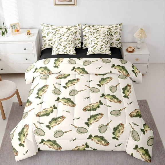 Manfei Bass Big Fish Bedding Comforter Set 7 Pieces,Hunting And Fishing Full Bedding Set,Pike Fish Fitted Sheet Flat Sheet For Boys Teens,Luxury Bedroom Decor Reversible