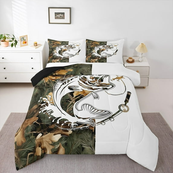 Manfei Bass Big Fish King Size Comforter Sets,Pike Fish Slihouette Bedding Comforter Set,Autumn Fall Leaves Bedding Set For Boys Teens,Luxury Bedroom Decor Reversible,3 Pieces