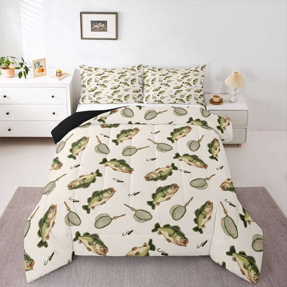 Manfei Bass Big Fish Queen Comforter Set,Hunting And Fishing Bedding Sets,Pike Fish Bedding Comforter Set For Boys Teens,Luxury Bedroom Decor Reversible,3-Piece