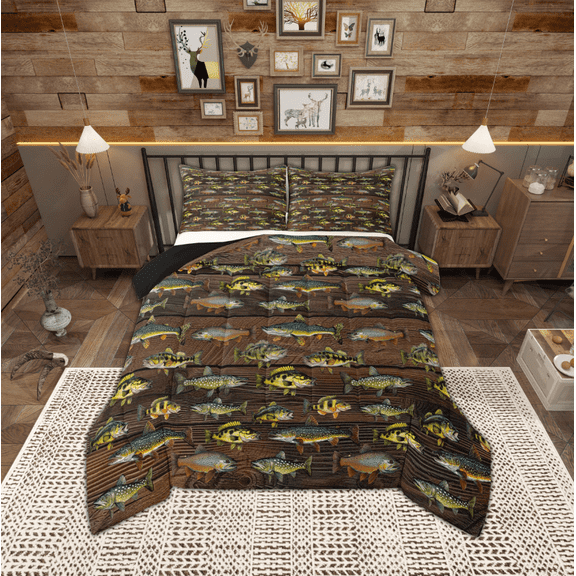 Manfei Bass Big Fish Queen Comforter Set,Pike Fish Bedding Sets,Brown Old Wooden Board Bedding Comforter Set For Boys Teens,Luxury Bedroom Decor Reversible,3 Pieces