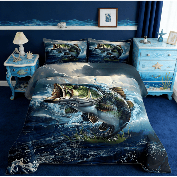 Manfei Bass Big Fish Twin Comforter Sets,Pike Fish Fishing And Hunting Ocean Theme Bedding Set 2 Pieces