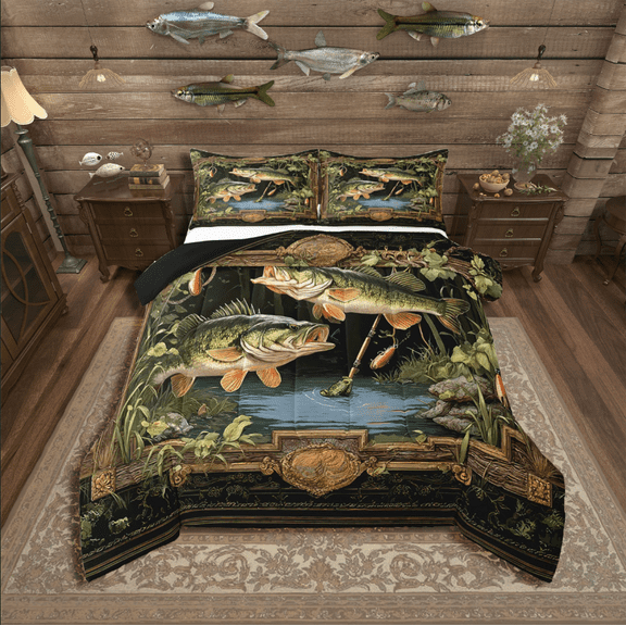 Manfei Bass Fish 2pcs Bedding Comforter Set,Green Brown Twin Comforter Sets,Fishing Hunting Bedding Set,Ultra Soft Teenagers Bedroom Decor,Reversible