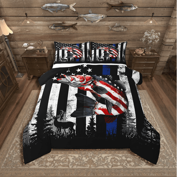 Manfei Bass Fish 2pcs Bedding Comforter Set,USA Flag Twin Comforter Sets,Animal Deer Bedding Set,Lightweight Vintage Room Decoration,Reversible