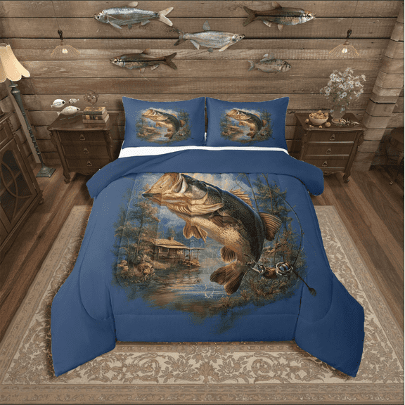 Manfei Bass Fish 3-Piece Full Size Comforter Sets,Fishing Hunting Bedding Comforter Set,Lodge Cabin Bedding Sets,Breathable Rustic Bedroom Decoration,Reversible