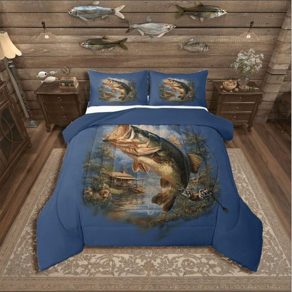Manfei Bass Fish 3 Pieces Queen Comforter Set,Fishing Hunting Bedding Sets,Lodge Cabin Bedding Comforter Set,Breathable Rustic Bedroom Decoration,Reversible