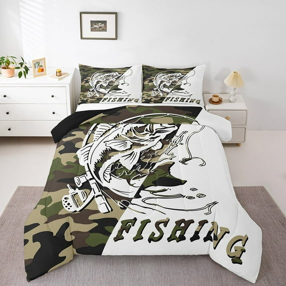 Manfei Bass Fish 3pcs King Size Comforter Sets,Camouflage Camo Bedding Comforter Set,Abstract Geometric Bedding Set,Microfiber Fishing Room Decorative,Reversible