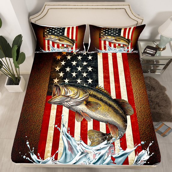 Manfei Bass Fish 4-Piece Full Size Sheets,American Flag Bed Sheets,Vintage Retro Lightweight Sheet Sets,Abstract Bedroom Decorative