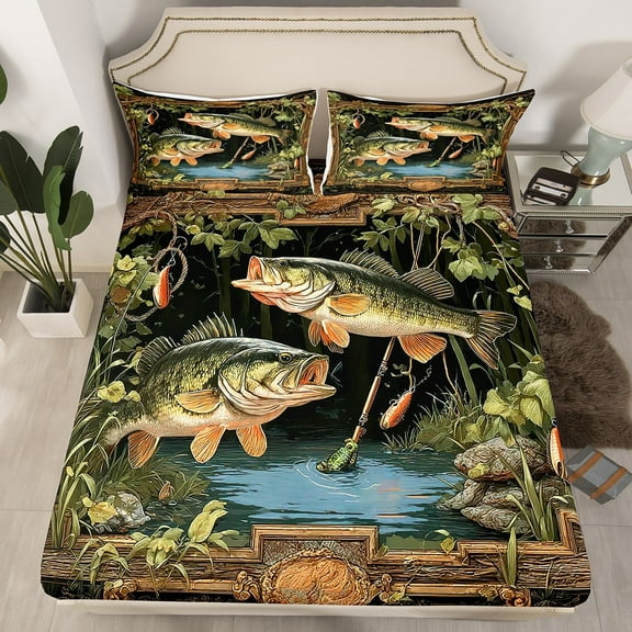Manfei Bass Fish 4 Pieces Queen Sheet Sets,Green Brown Ultra Soft Flat Sheet,Fishing Hunting Queen Fitted Sheet,Teenagers Bedroom Decor
