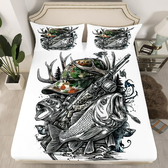 Manfei Bass Fish 4pcs Bed Sheets,Fishing Hunting King Sheets,Green Camouflage Super Cozy Sheet Set,Abstract Room Decor