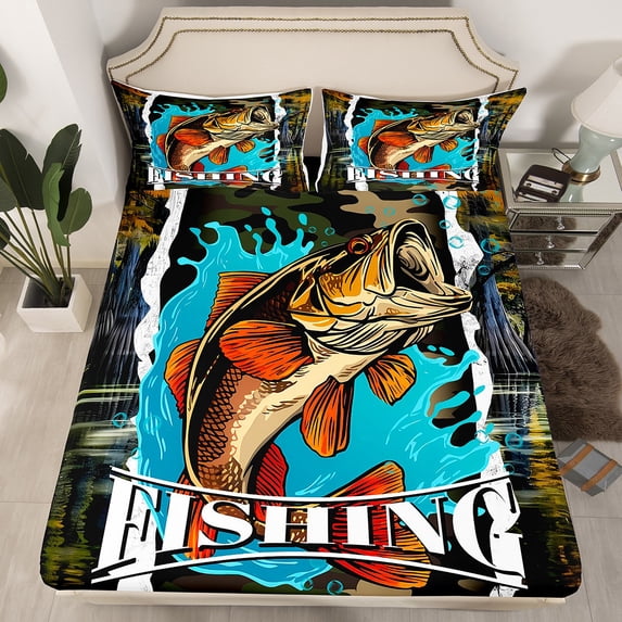 Manfei Bass Fish 4pcs Bed Sheets,Fishing Hunting King Sheets,Green Camouflage Super Cozy Sheet Set,Rustic Bedroom Decoration
