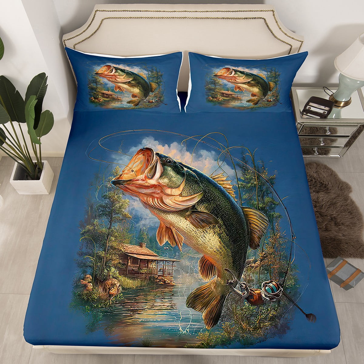 Manfei Bass Fish 4pcs Bed Sheets,Fishing Hunting King Sheets,Lodge ...