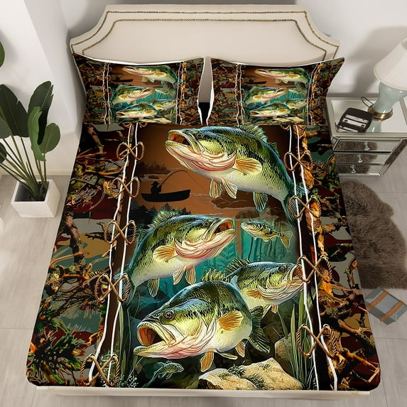 Manfei Bass Fish 4pcs Bed Sheets,Green Brown King Sheets,Fishing Hunting Super Cozy Sheet Set,Teenagers Bedroom Decor