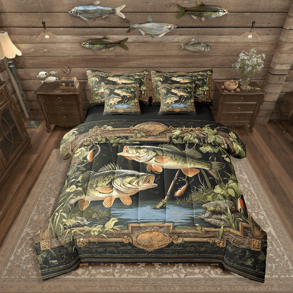 Manfei Bass Fish 7-Piece Bedding Comforter Set,Green Brown King Bedding Sets,Fishing Hunting Ultra Soft Bed Sheets,Ultra Soft Teenagers Bedroom Decor,Reversible