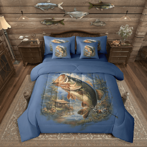 Manfei Bass Fish 7-Piece Twin Bedding Sets,Fishing Hunting Bedding Comforter Set,Lodge Cabin Breathable Sheet Sets,Breathable Rustic Bedroom Decoration,Reversible