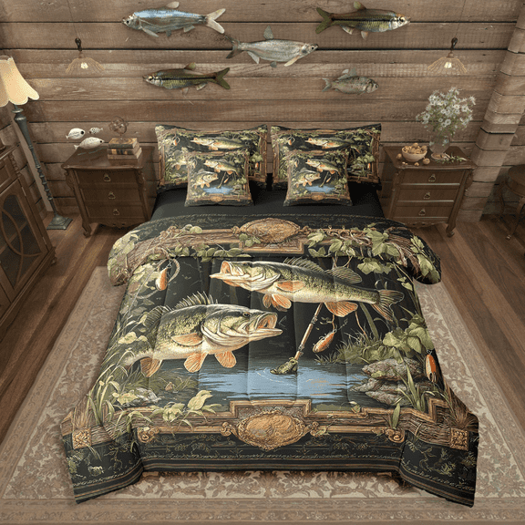 Manfei Bass Fish 7-Piece Twin Bedding Sets,Green Brown Bedding Comforter Set,Fishing Hunting Breathable Sheet Sets,Ultra Soft Teenagers Bedroom Decor,Reversible