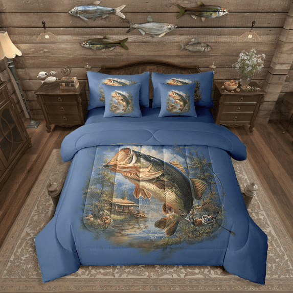 Manfei Bass Fish 7 Pieces Bedding Comforter Set,Fishing Hunting Full Bedding Set Lightweight,Lodge Cabin Fitted Sheet Flat Sheet,Breathable Rustic Bedroom Decoration,Reversible
