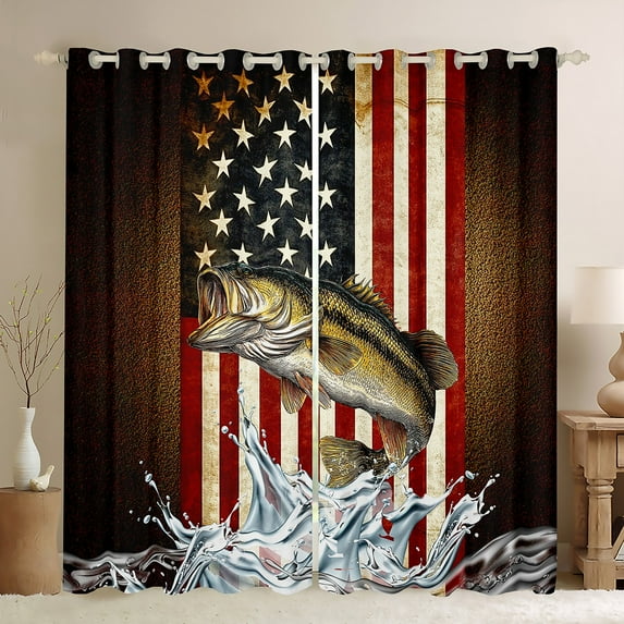 Manfei Bass Fish Black Out Curtains,American Flag Curtains Pack of 2 (42x63 Each),Vintage Retro Bedroom Curtains,Abstract Bedroom Decorative