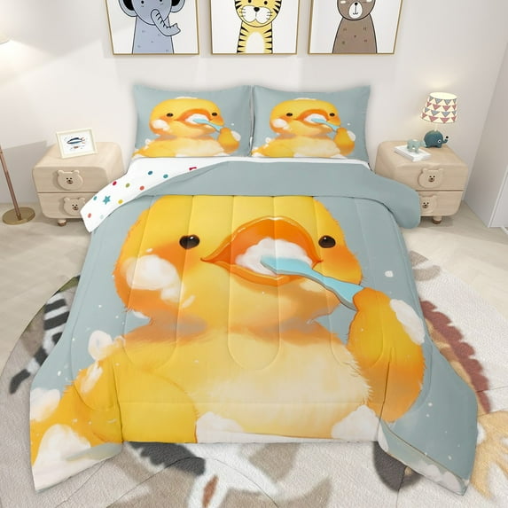 Manfei Bathing Yellow Duck 3 Pieces Queen Comforter Set for Preppy Children Kids,Cartoon Animal Ultra Soft Bedding Sets,Yellow White Bedding Comforter Set,Super Cozy Room Decor,Reversible