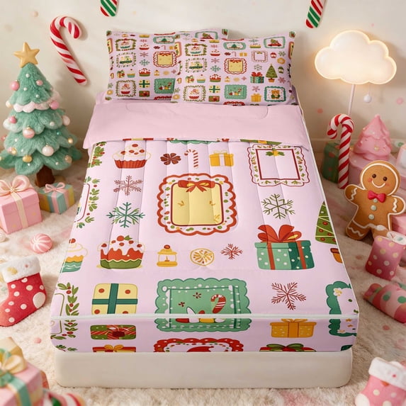 Manfei Bauble Holiday Queen Comforter Set with Fitted Sheet and 2 Pillowcases, Turquoise White
